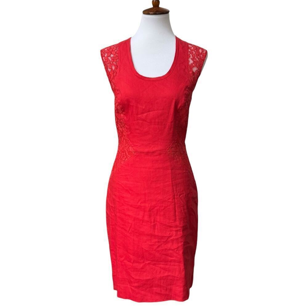 Artelier Nicole Miller Red Linen Blend Sleeveless Sheath Dress Lace Waist Size 8